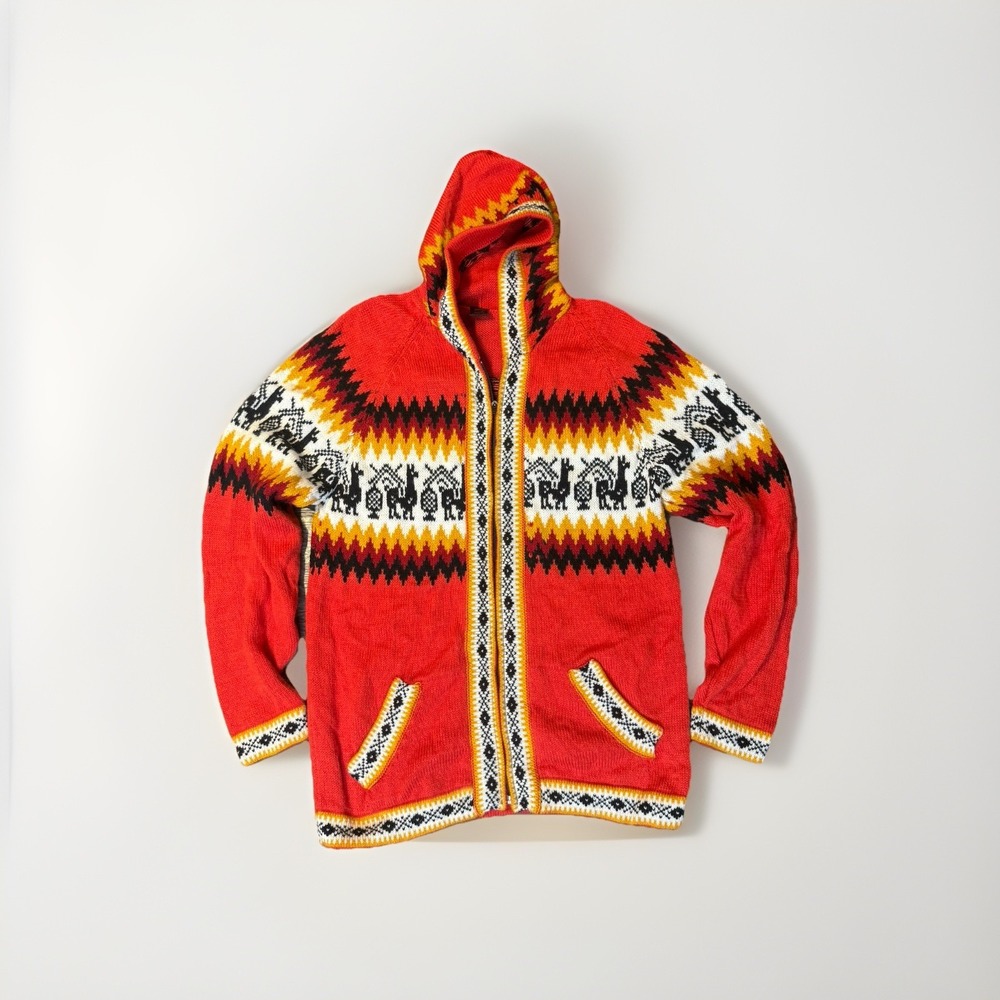 Arcohi's Alpaca Red/Natural Tones Zip Front Hooded Sweater Cardigan M